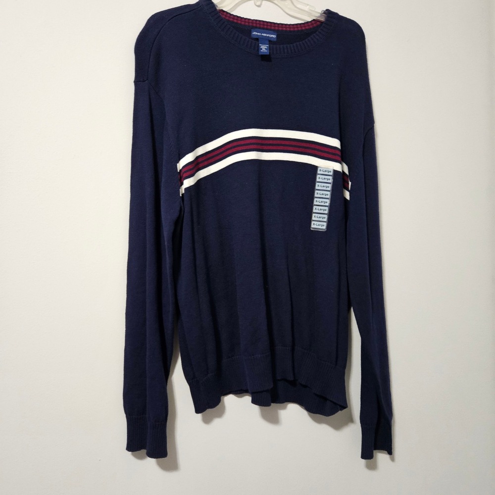John Ashford Mens XL Navy Blue Cotton Crewneck Sweater Red White Chest Stripe
